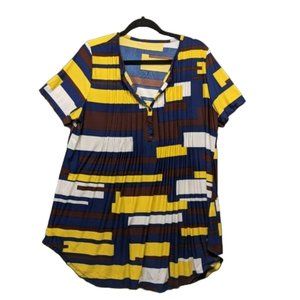 🍑Women Pleated Blouse Henley Geometric Knit Scallop Hem Casual Large(12-14)